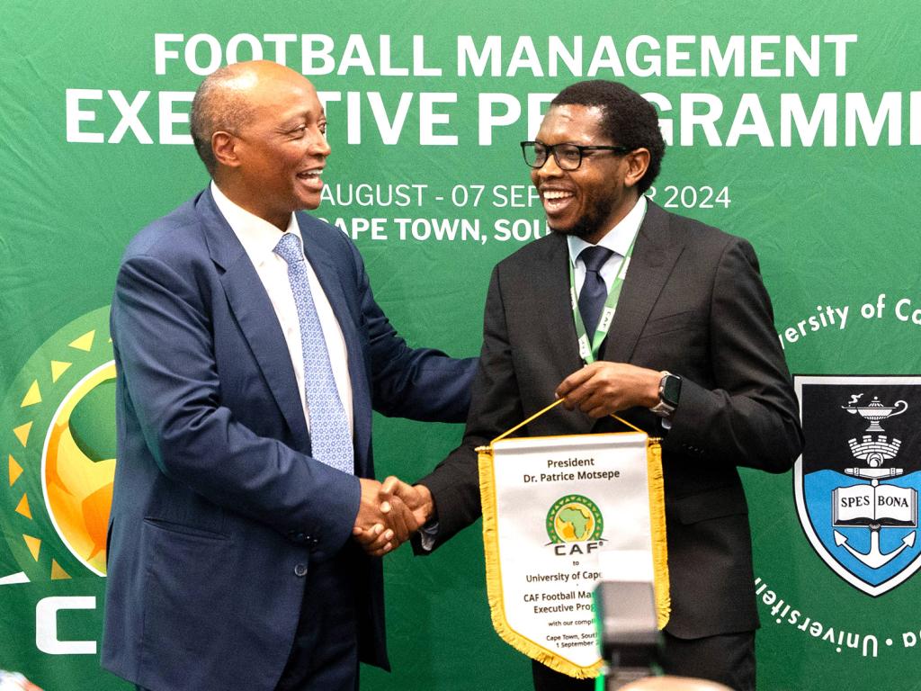 CAF president (left), Dr Patrice Motsepe, with UCT VC Prof Mosa Moshabela